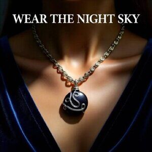 Navy Blue Sandstone Disc Necklace w. 20" Stainless Steel Chain